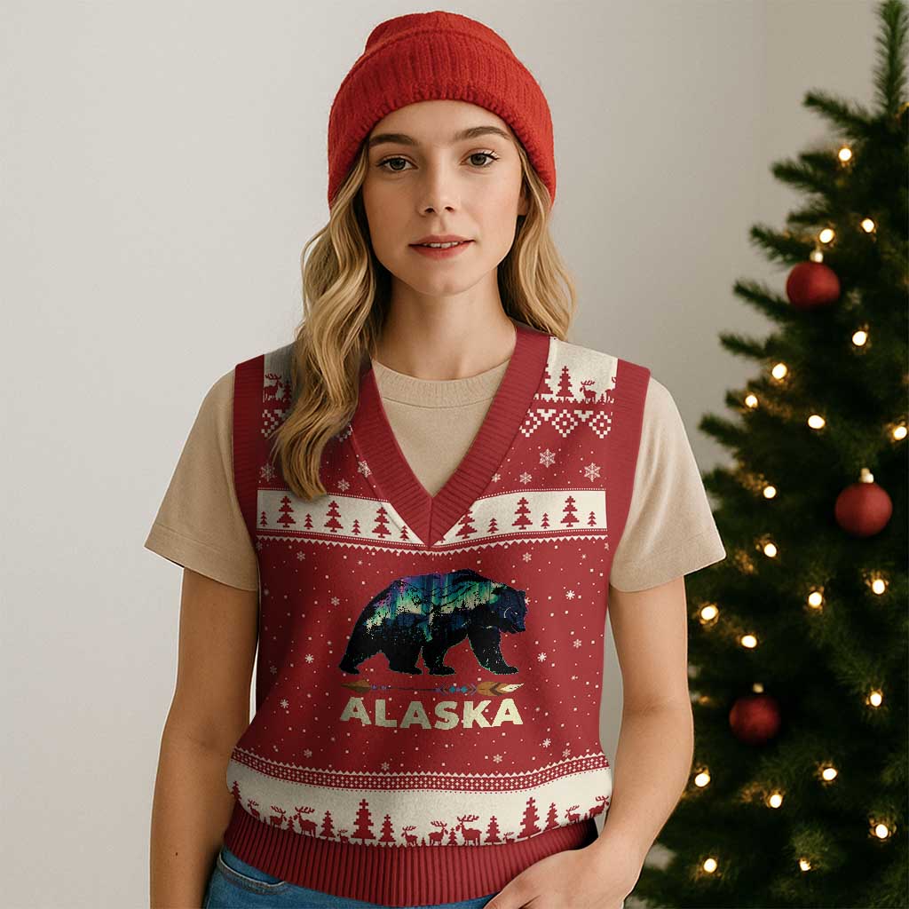 Alaska V-Neck Knit Sweater Vest Alaskan Night Sky Northern Lights Aurora Bear - Wonder Print Shop