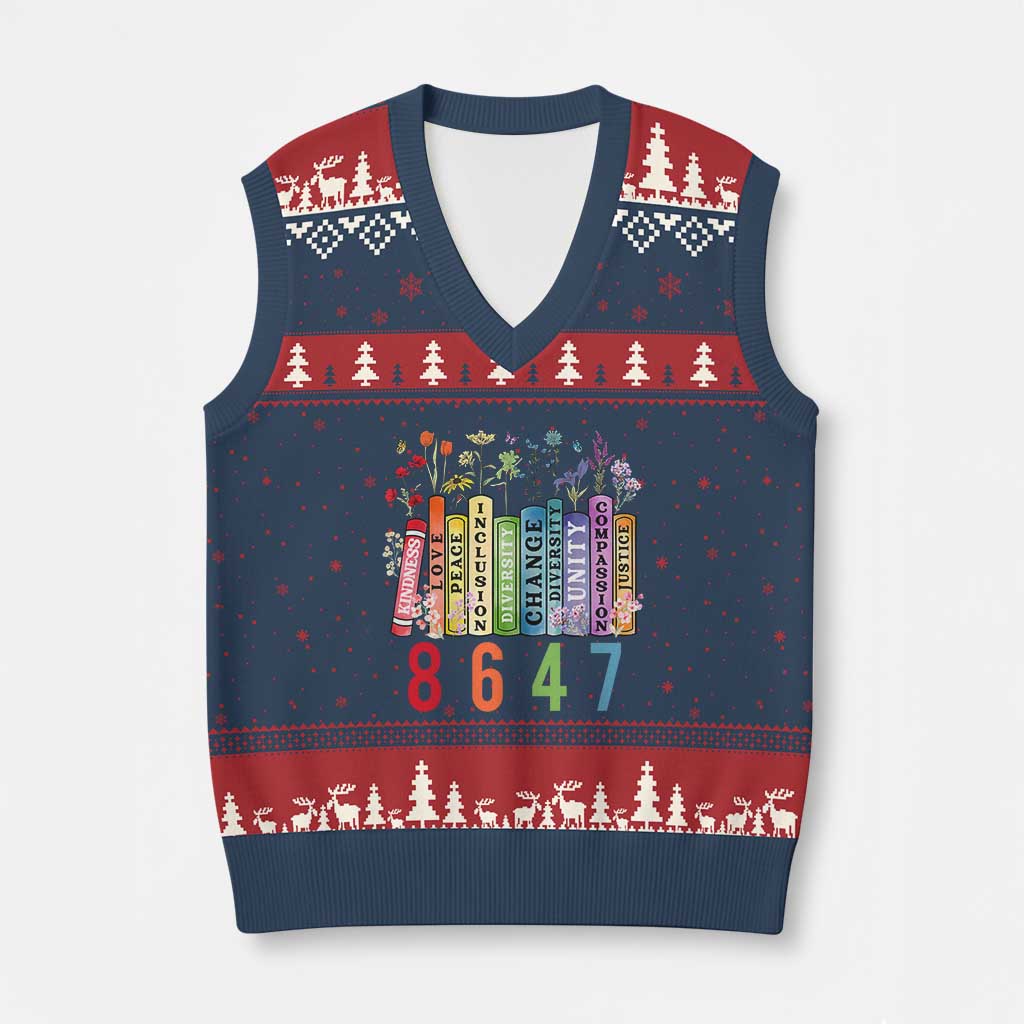 Retro 8647 V-Neck Knit Sweater Vest Equal Rights Book Flower Feminist Women Rights - Wonder Print Shop