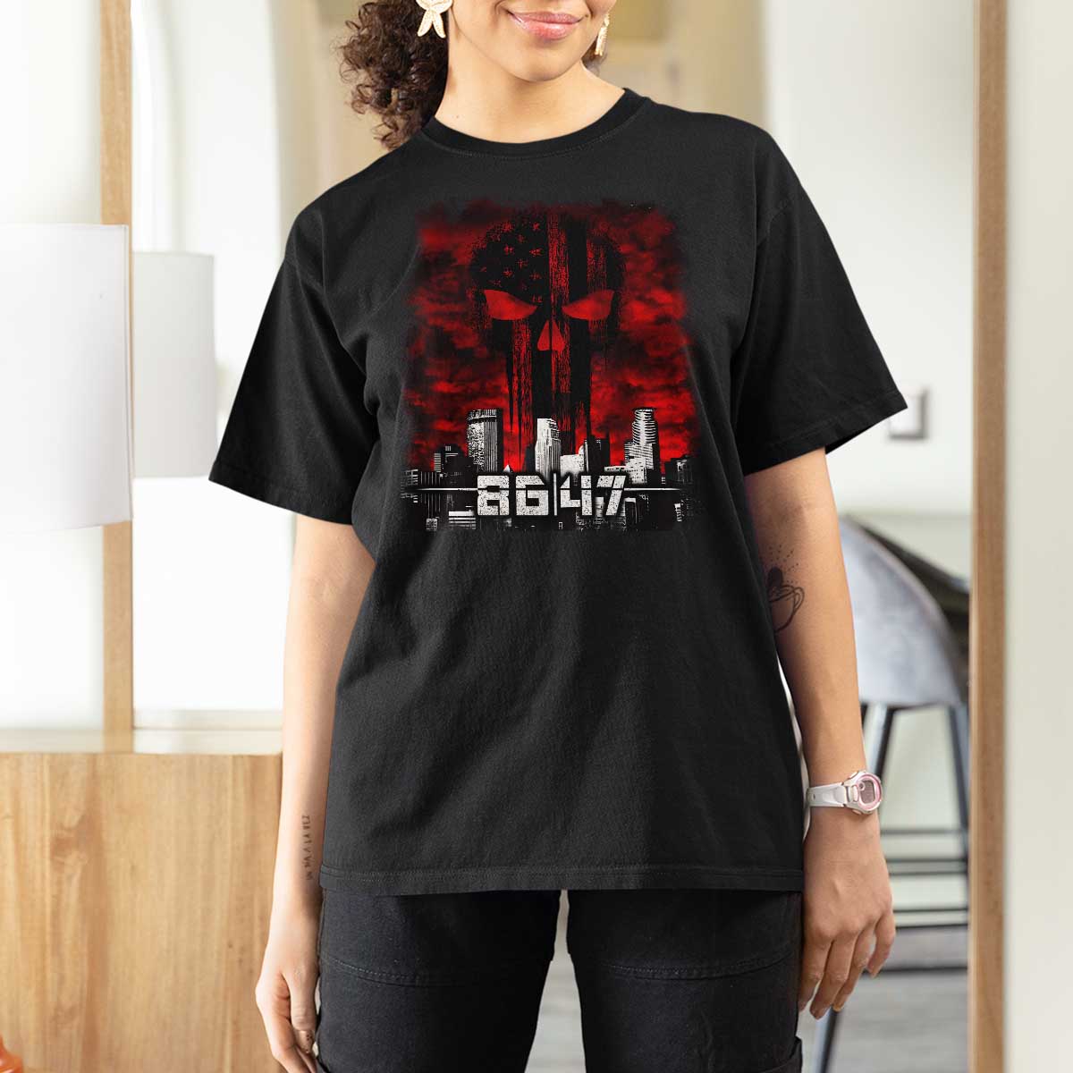 Retro 8647 T Shirt For Women Vintage USA American Flag Skull