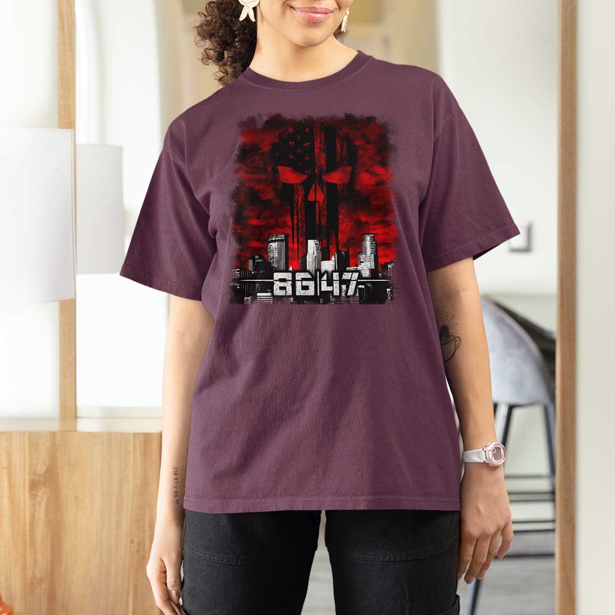 Retro 8647 T Shirt For Women Vintage USA American Flag Skull