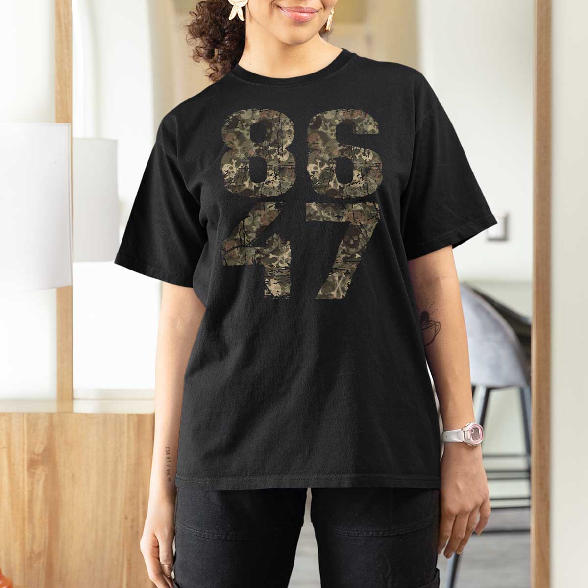 Retro 8647 T Shirt For Women Vintage Camouflage Camo Skull