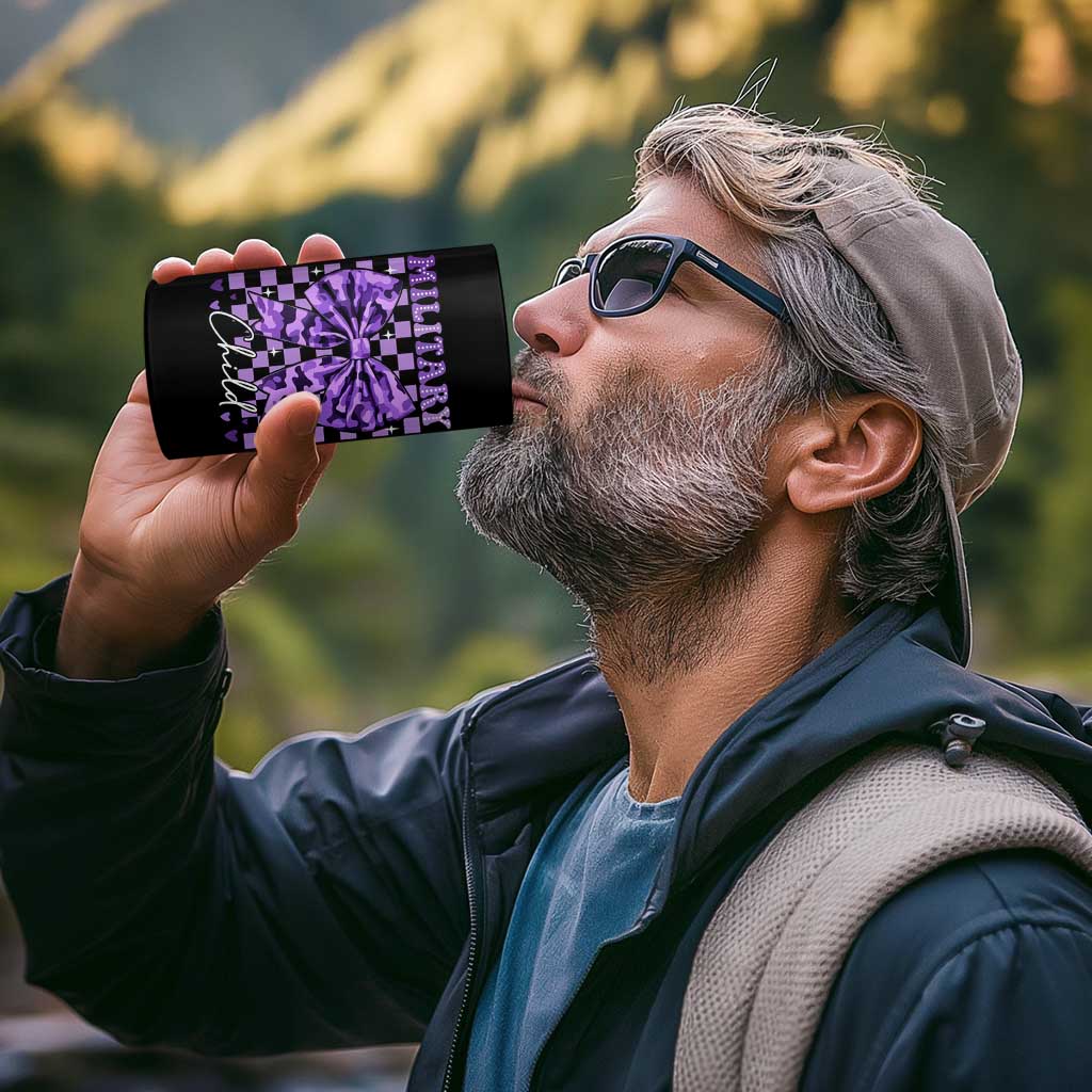 Military Child Coquette Bow 4 in 1 Can Cooler Tumbler Purple Up Camo