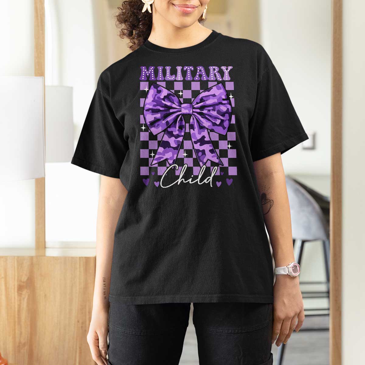 Military Child Coquette Bow T Shirt For Women Purple Up Camo