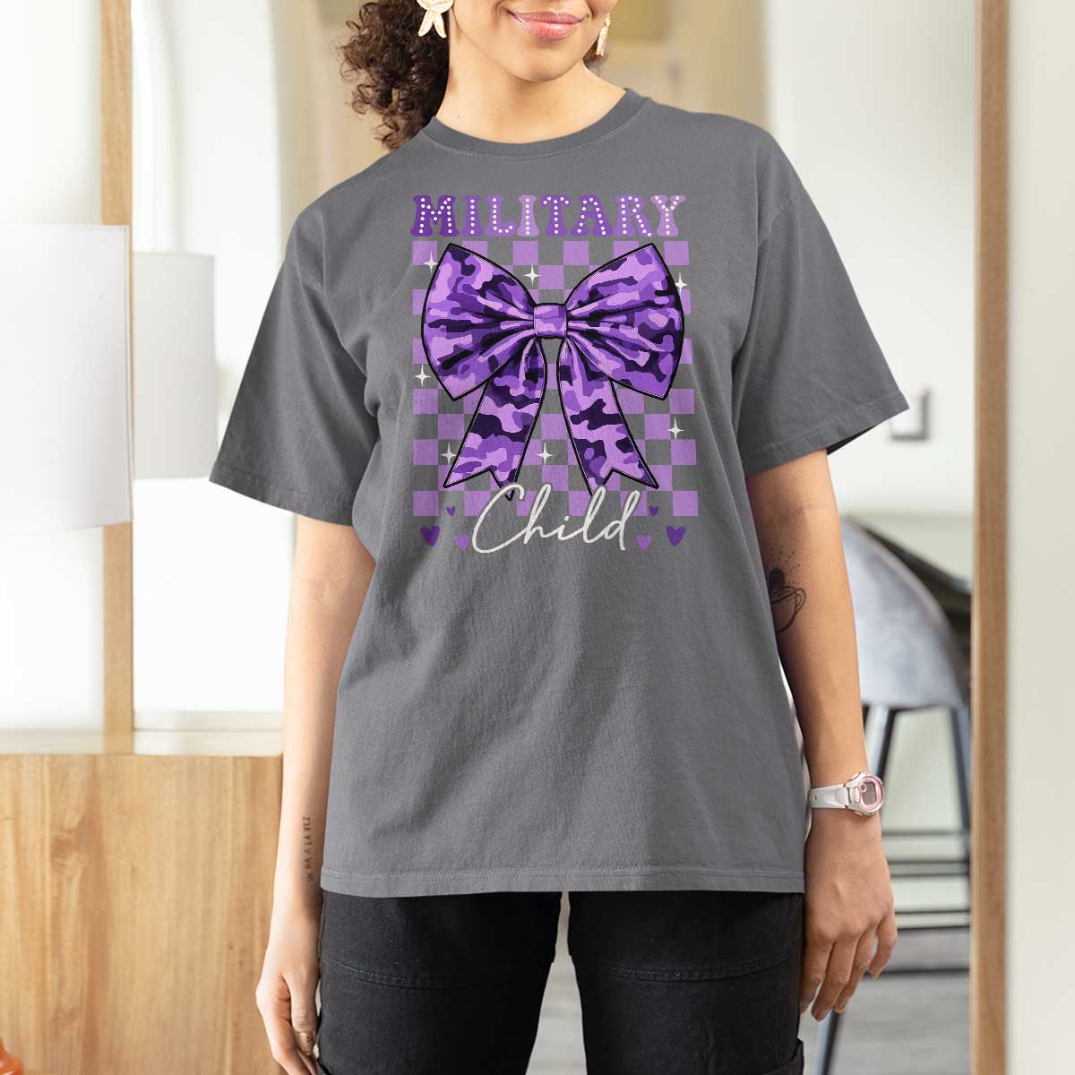 Military Child Coquette Bow T Shirt For Women Purple Up Camo