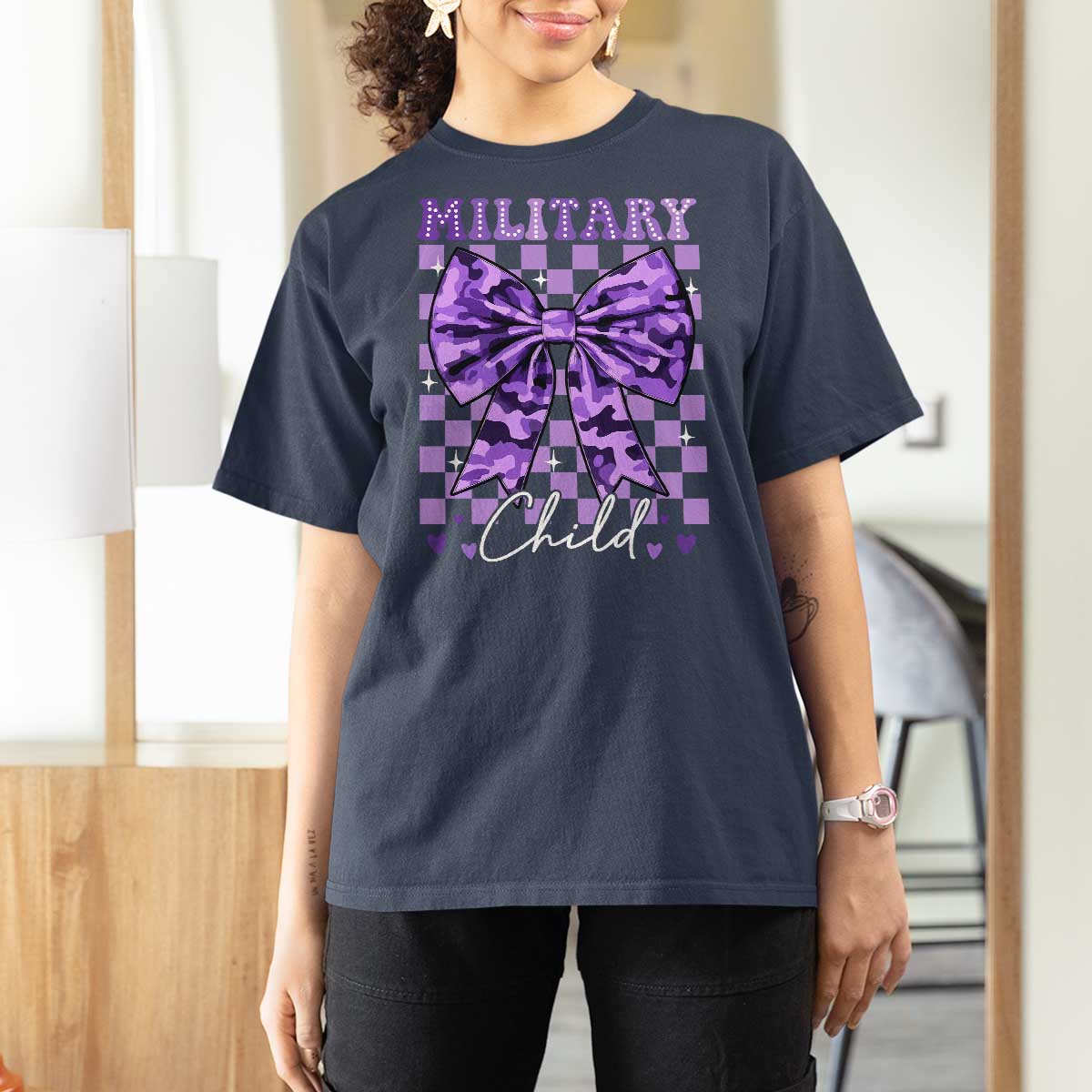 Military Child Coquette Bow T Shirt For Women Purple Up Camo