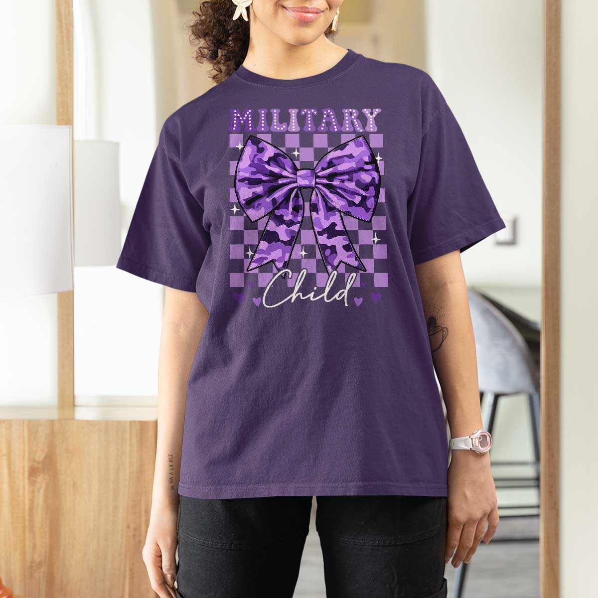 Military Child Coquette Bow T Shirt For Women Purple Up Camo
