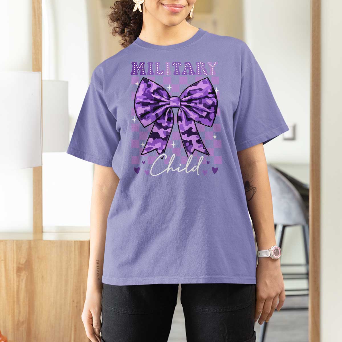 Military Child Coquette Bow T Shirt For Women Purple Up Camo