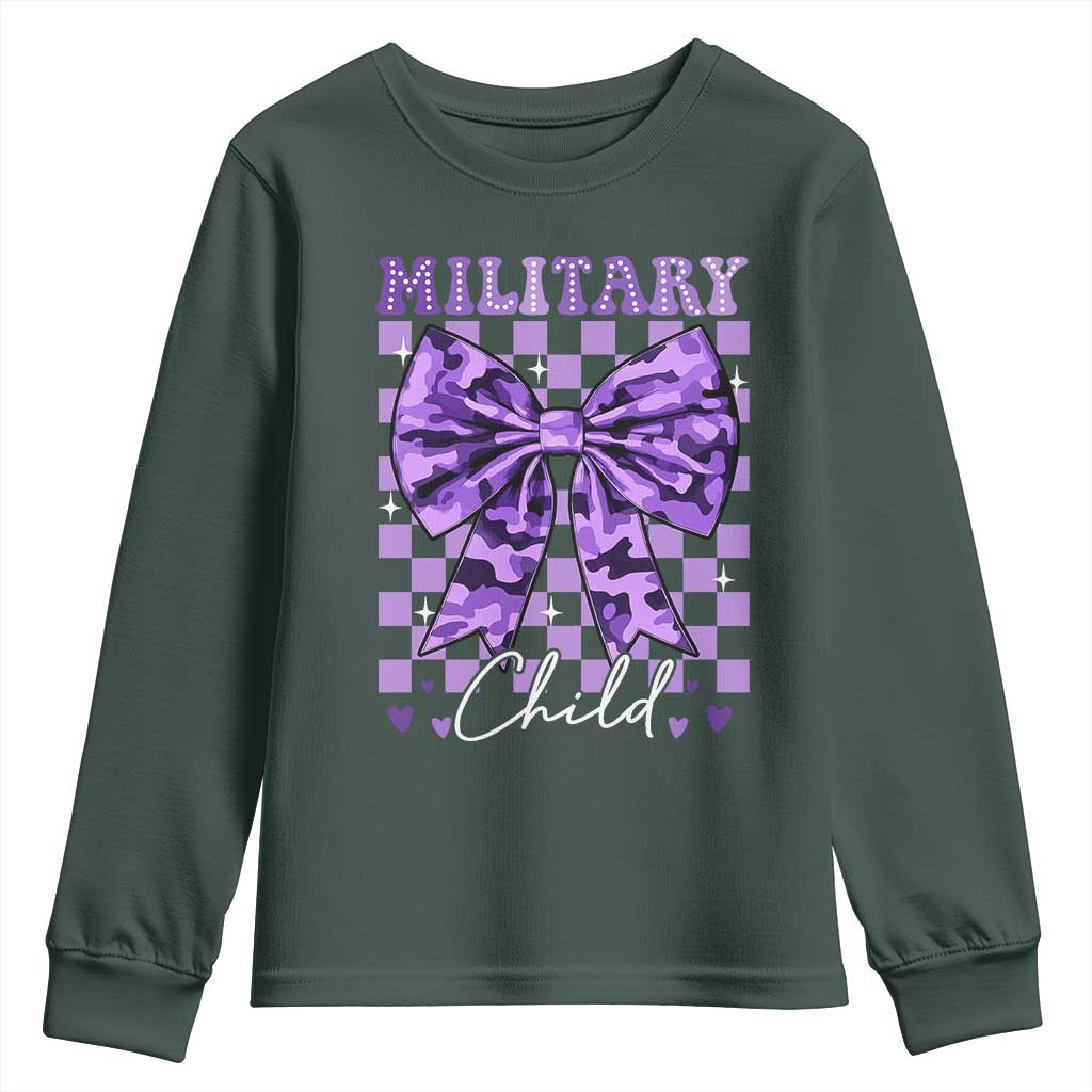 Military Child Coquette Bow Youth Sweatshirt Purple Up Camo