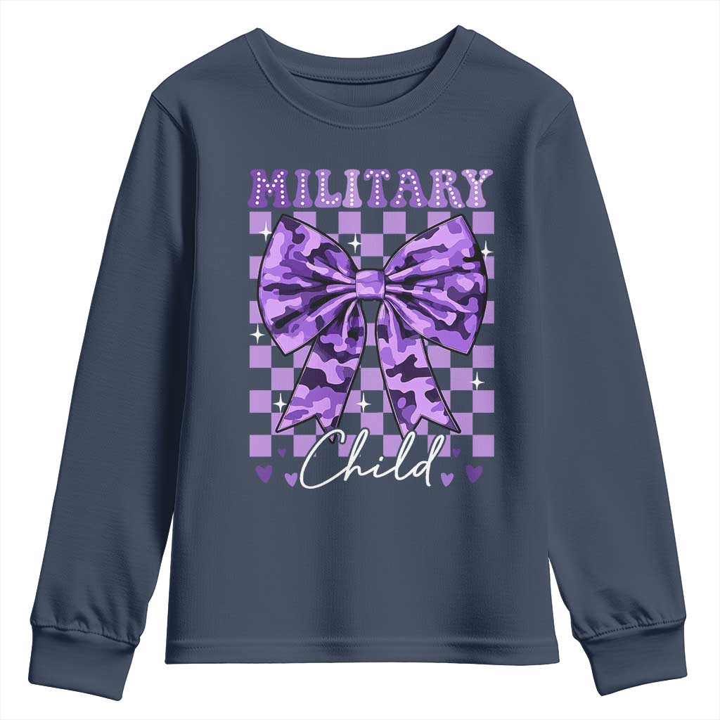 Military Child Coquette Bow Youth Sweatshirt Purple Up Camo