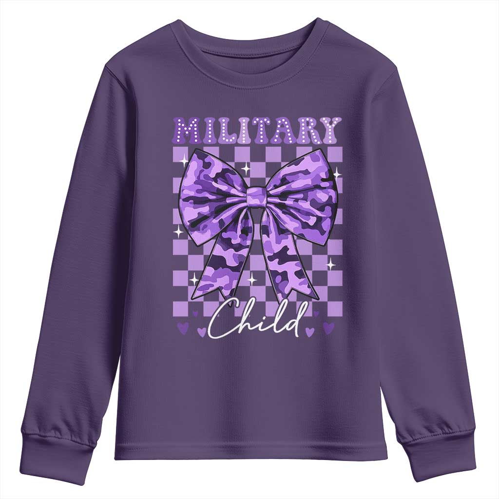 Military Child Coquette Bow Youth Sweatshirt Purple Up Camo