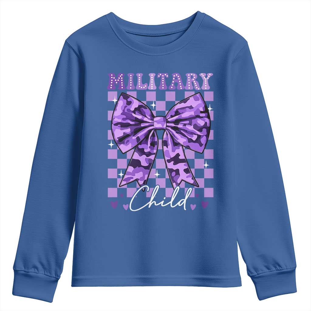 Military Child Coquette Bow Youth Sweatshirt Purple Up Camo