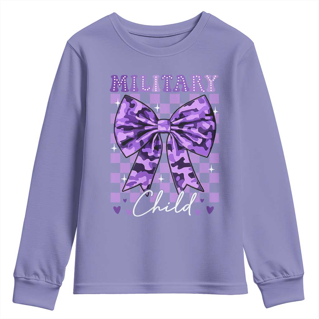 Military Child Coquette Bow Youth Sweatshirt Purple Up Camo