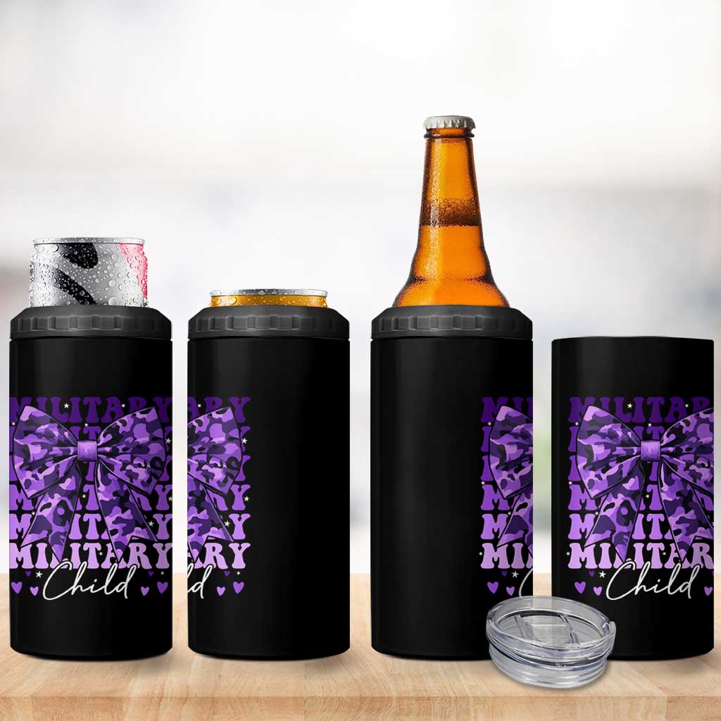 Military Child Coquette Bow 4 in 1 Can Cooler Tumbler Purple Up Camo Kids Girls