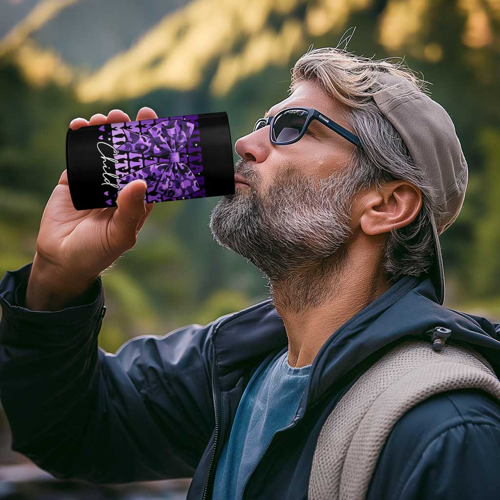 Military Child Coquette Bow 4 in 1 Can Cooler Tumbler Purple Up Camo Kids Girls