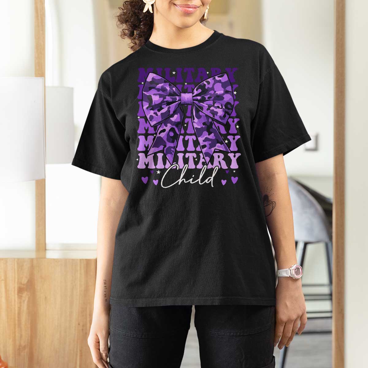 Military Child Coquette Bow T Shirt For Women Purple Up Camo Kids Girls