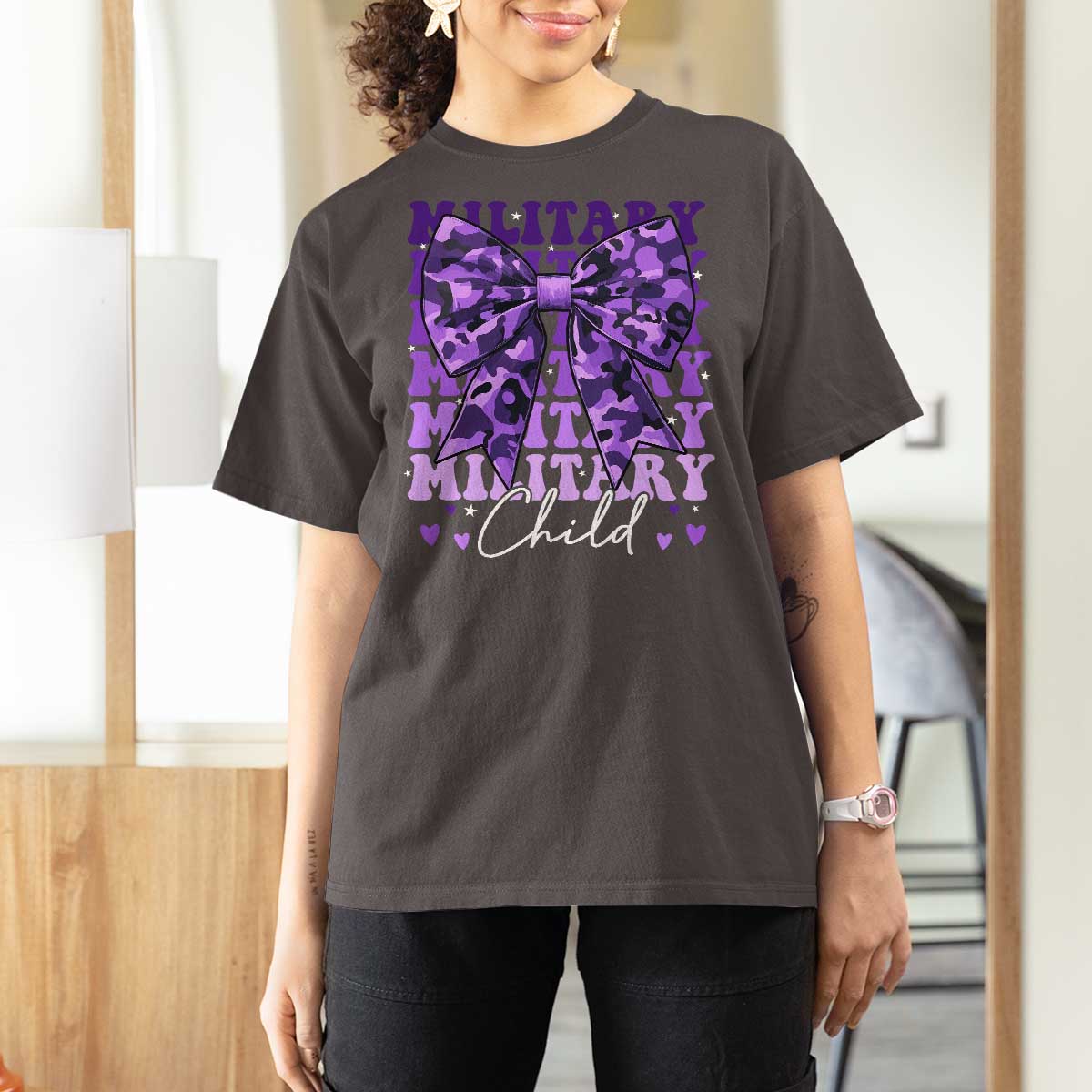 Military Child Coquette Bow T Shirt For Women Purple Up Camo Kids Girls