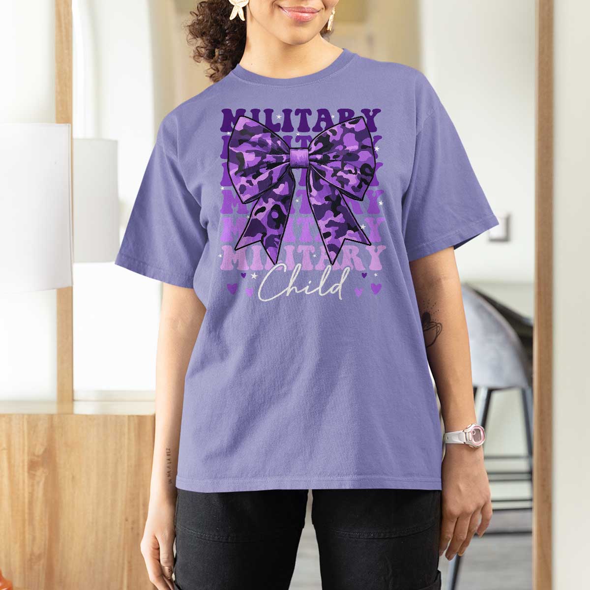 Military Child Coquette Bow T Shirt For Women Purple Up Camo Kids Girls