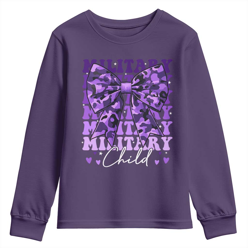 Military Child Coquette Bow Youth Sweatshirt Purple Up Camo Kids Girls