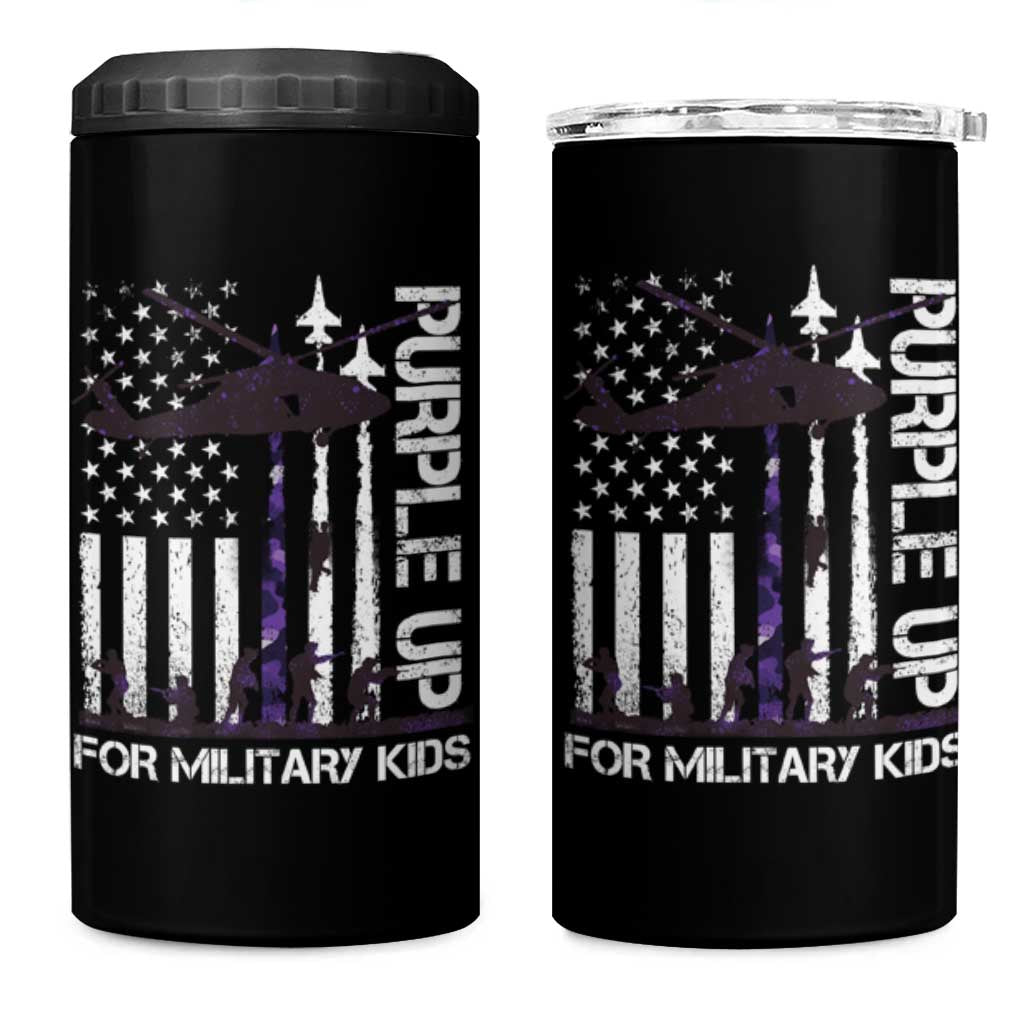 Purple Up For Military Kids 4 in 1 Can Cooler Tumbler Camo American Flag Military Child Month USA Camouflage
