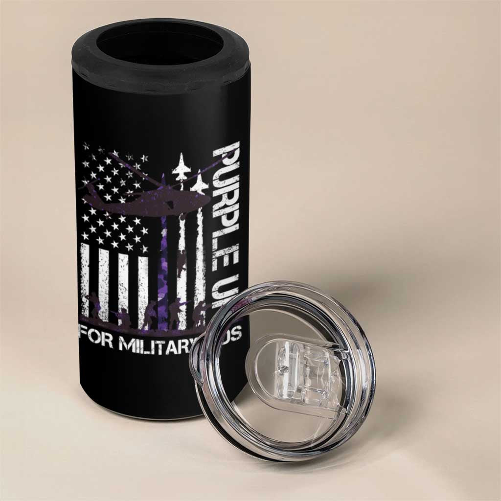 Purple Up For Military Kids 4 in 1 Can Cooler Tumbler Camo American Flag Military Child Month USA Camouflage