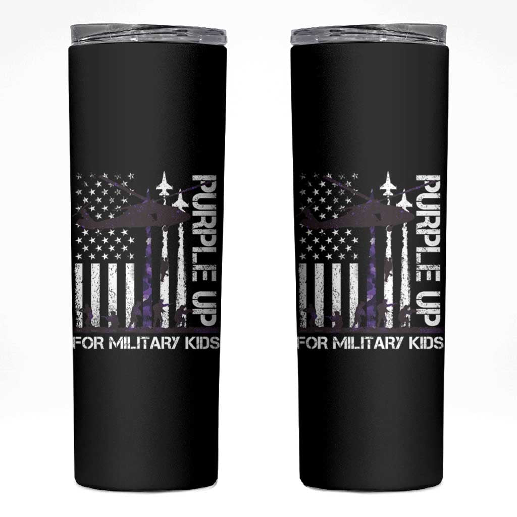 Purple Up For Military Kids Skinny Tumbler Camo American Flag Military Child Month USA Camouflage