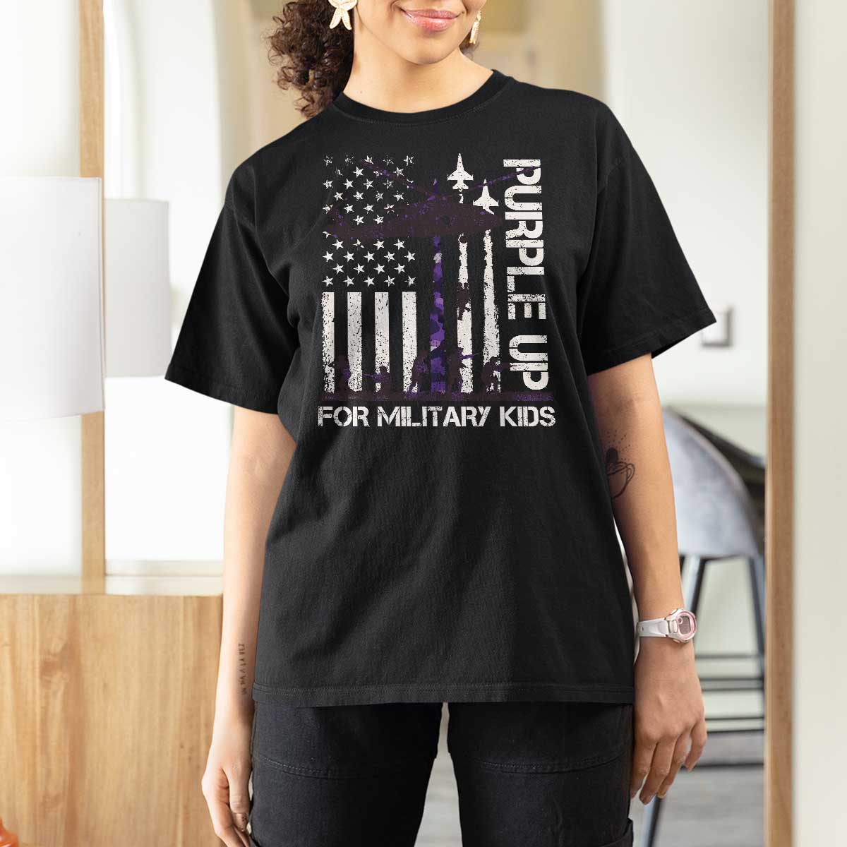 Purple Up For Military Kids T Shirt For Women Camo American Flag Military Child Month USA Camouflage