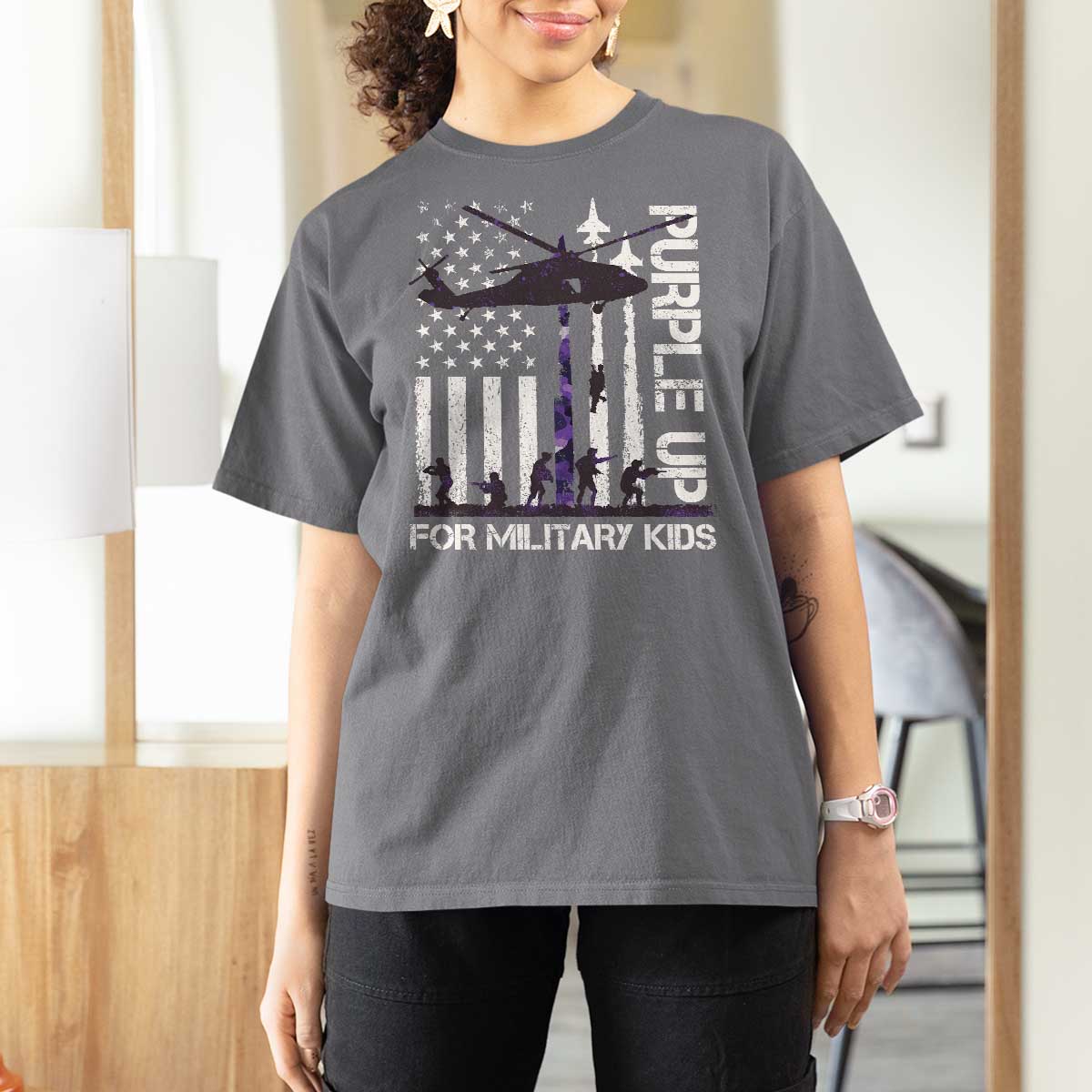 Purple Up For Military Kids T Shirt For Women Camo American Flag Military Child Month USA Camouflage