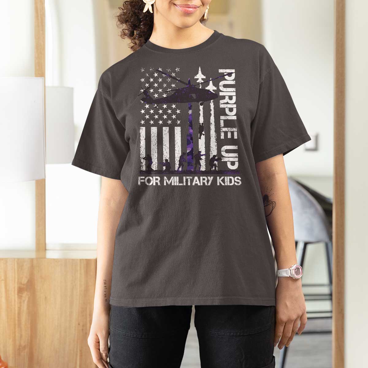 Purple Up For Military Kids T Shirt For Women Camo American Flag Military Child Month USA Camouflage