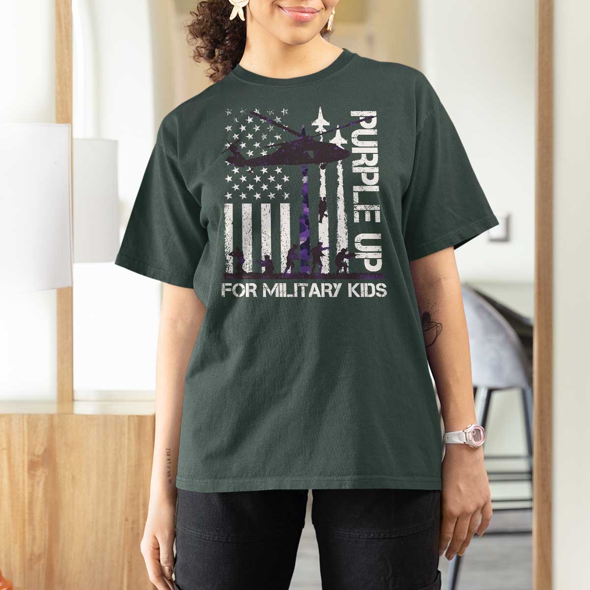 Purple Up For Military Kids T Shirt For Women Camo American Flag Military Child Month USA Camouflage