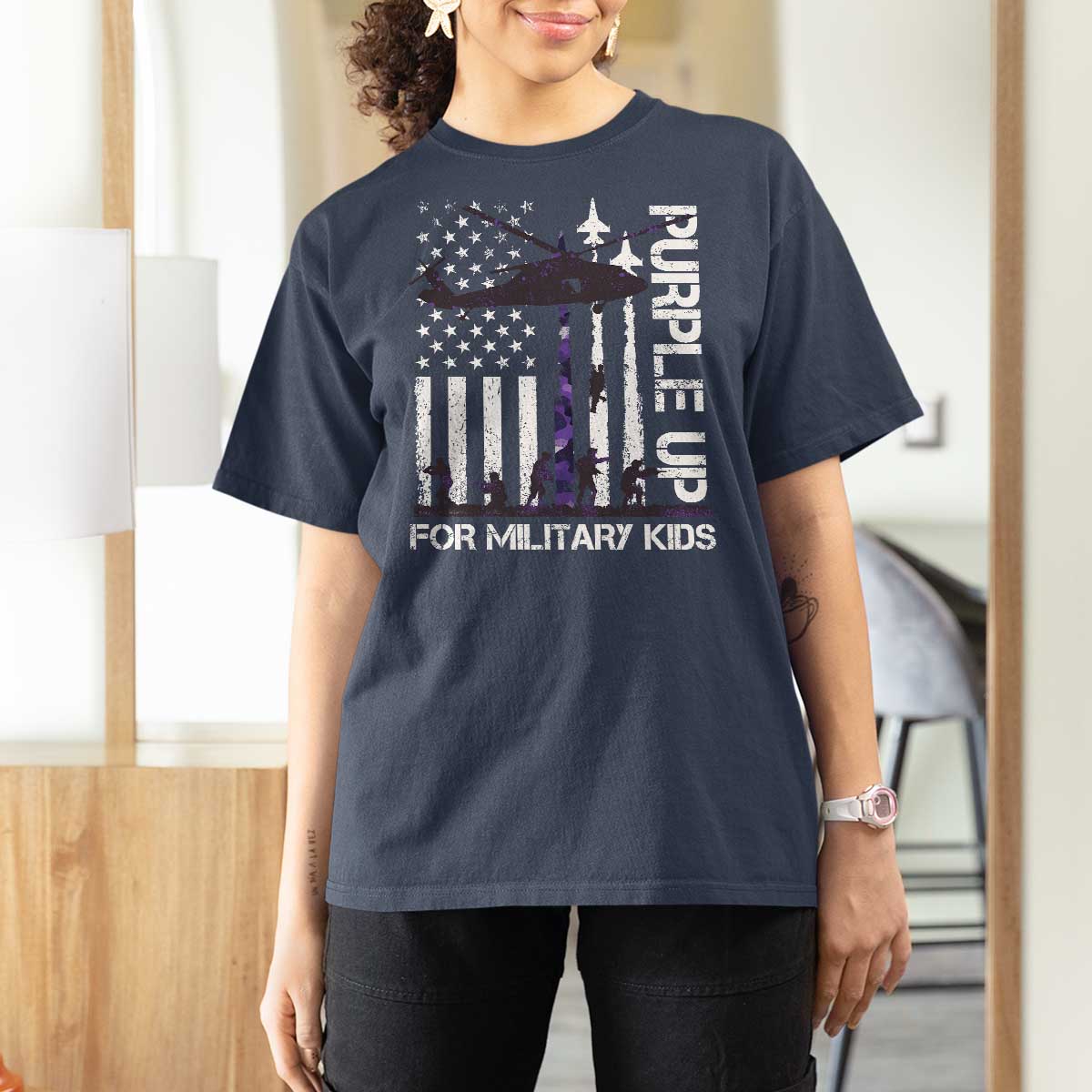 Purple Up For Military Kids T Shirt For Women Camo American Flag Military Child Month USA Camouflage