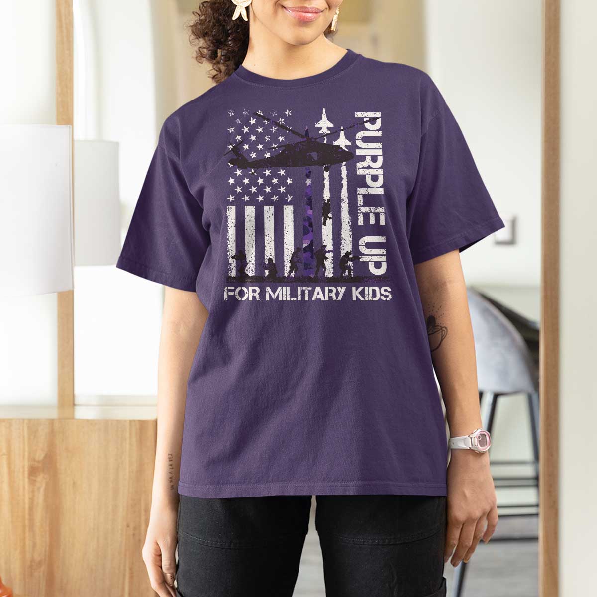 Purple Up For Military Kids T Shirt For Women Camo American Flag Military Child Month USA Camouflage