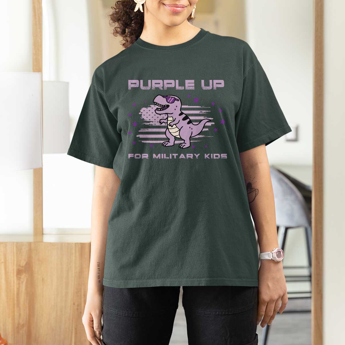 Purple Up For Military Kids T Shirt For Women Military Child Month Army Dinosaur Dino