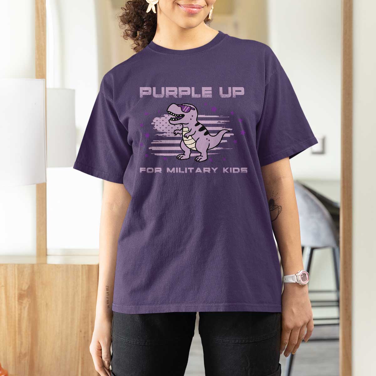 Purple Up For Military Kids T Shirt For Women Military Child Month Army Dinosaur Dino