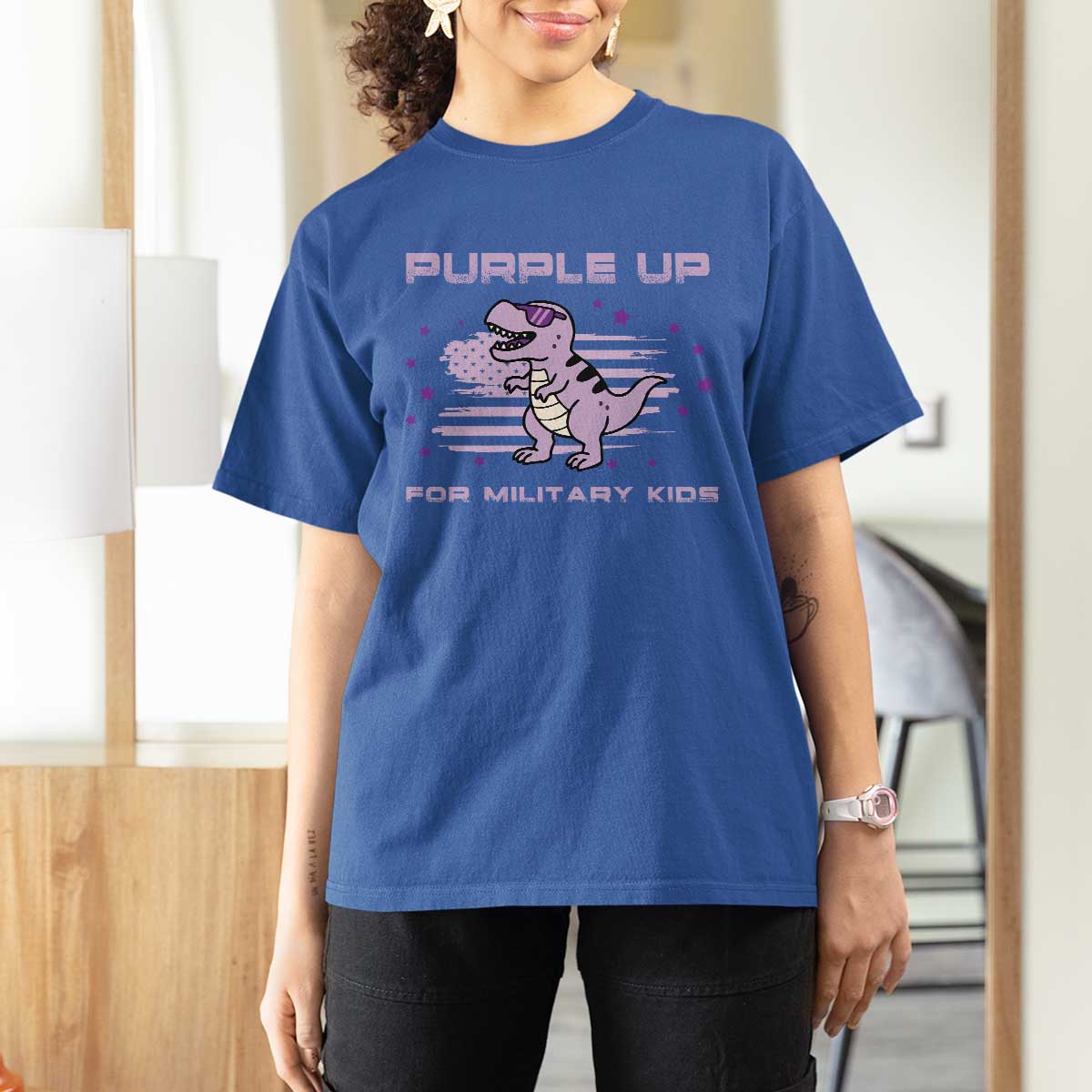 Purple Up For Military Kids T Shirt For Women Military Child Month Army Dinosaur Dino