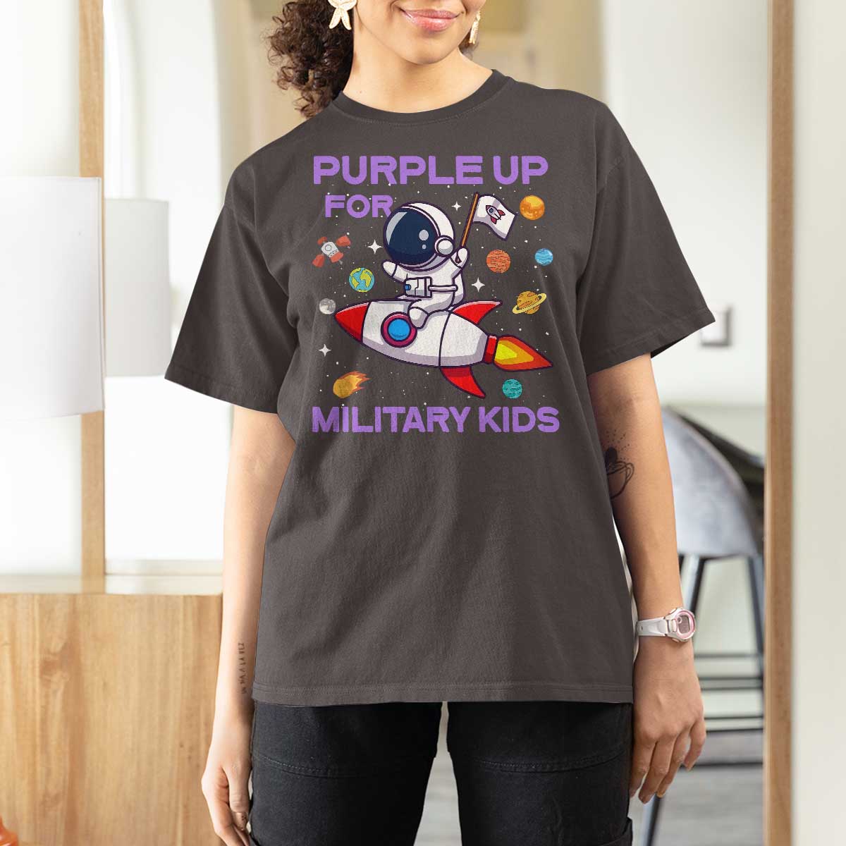 Purple Up For Military Kids T Shirt For Women Military Child Month Astronaut Funny