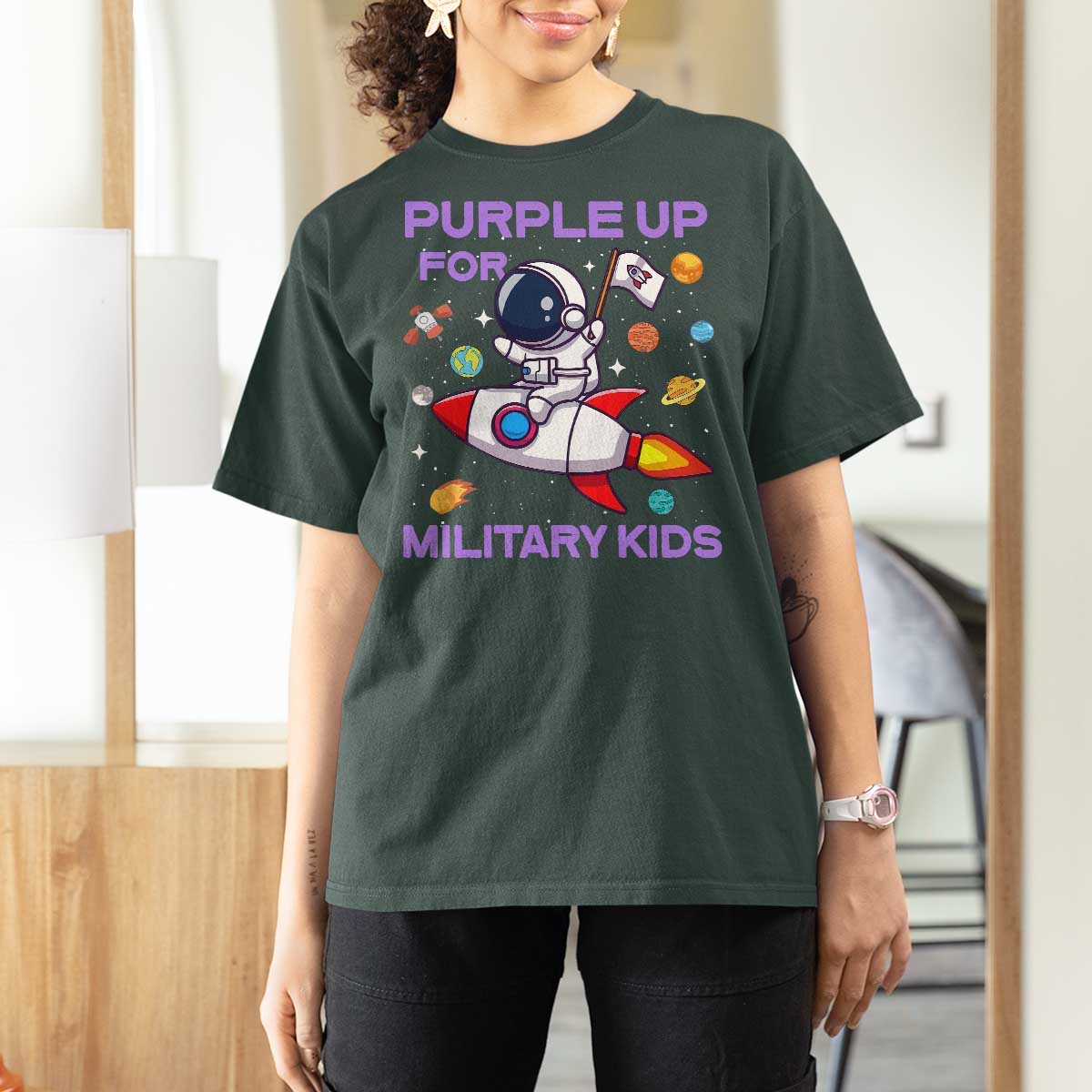 Purple Up For Military Kids T Shirt For Women Military Child Month Astronaut Funny