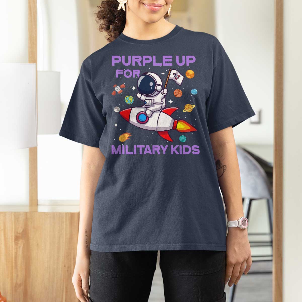 Purple Up For Military Kids T Shirt For Women Military Child Month Astronaut Funny