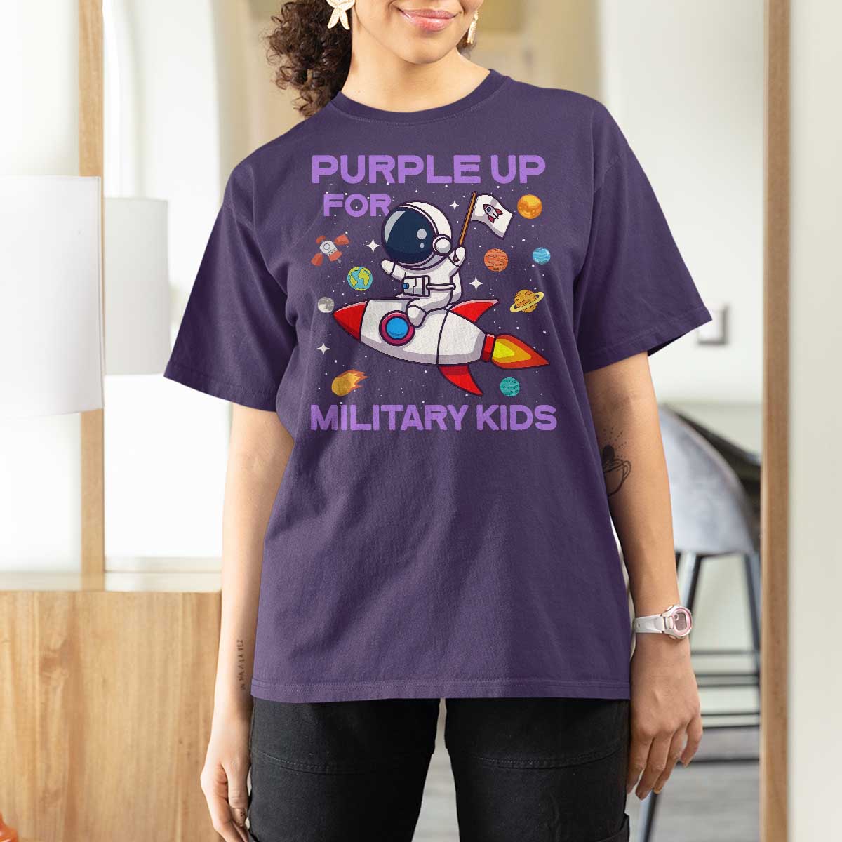 Purple Up For Military Kids T Shirt For Women Military Child Month Astronaut Funny