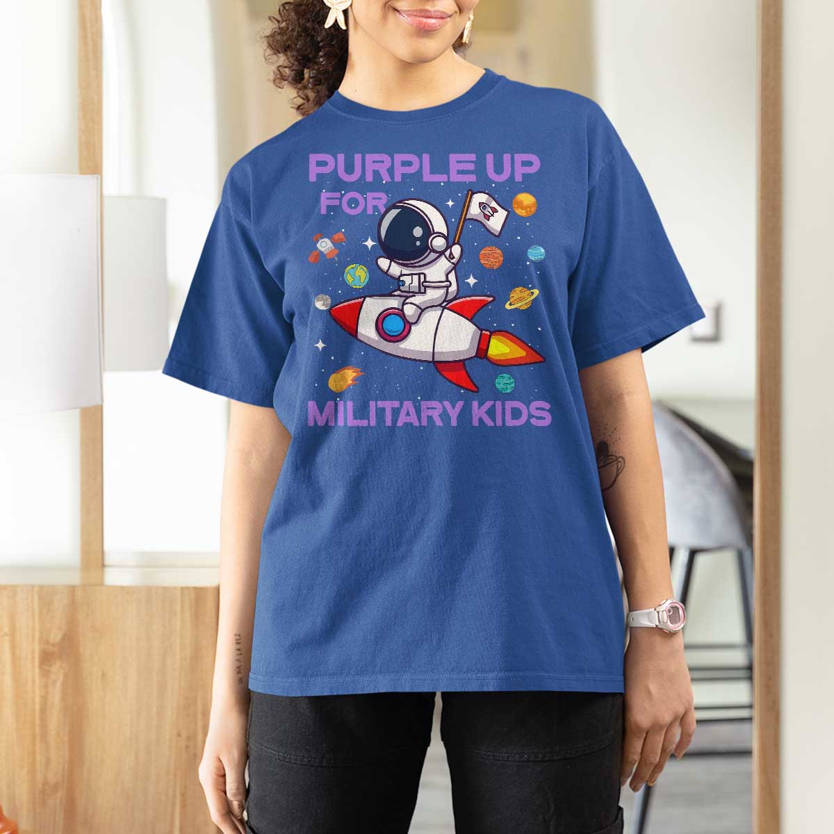 Purple Up For Military Kids T Shirt For Women Military Child Month Astronaut Funny