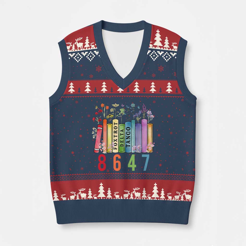 Retro 8647 V-Neck Knit Sweater Vest Foxtrots Delta Tangos Book Flower - Wonder Print Shop