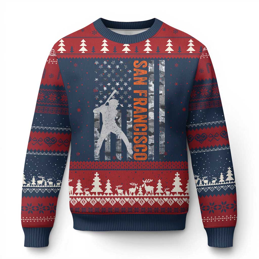 San Francisco Ugly Christmas Sweater SF Baseball Player American Flag USA Camo Patriotic
