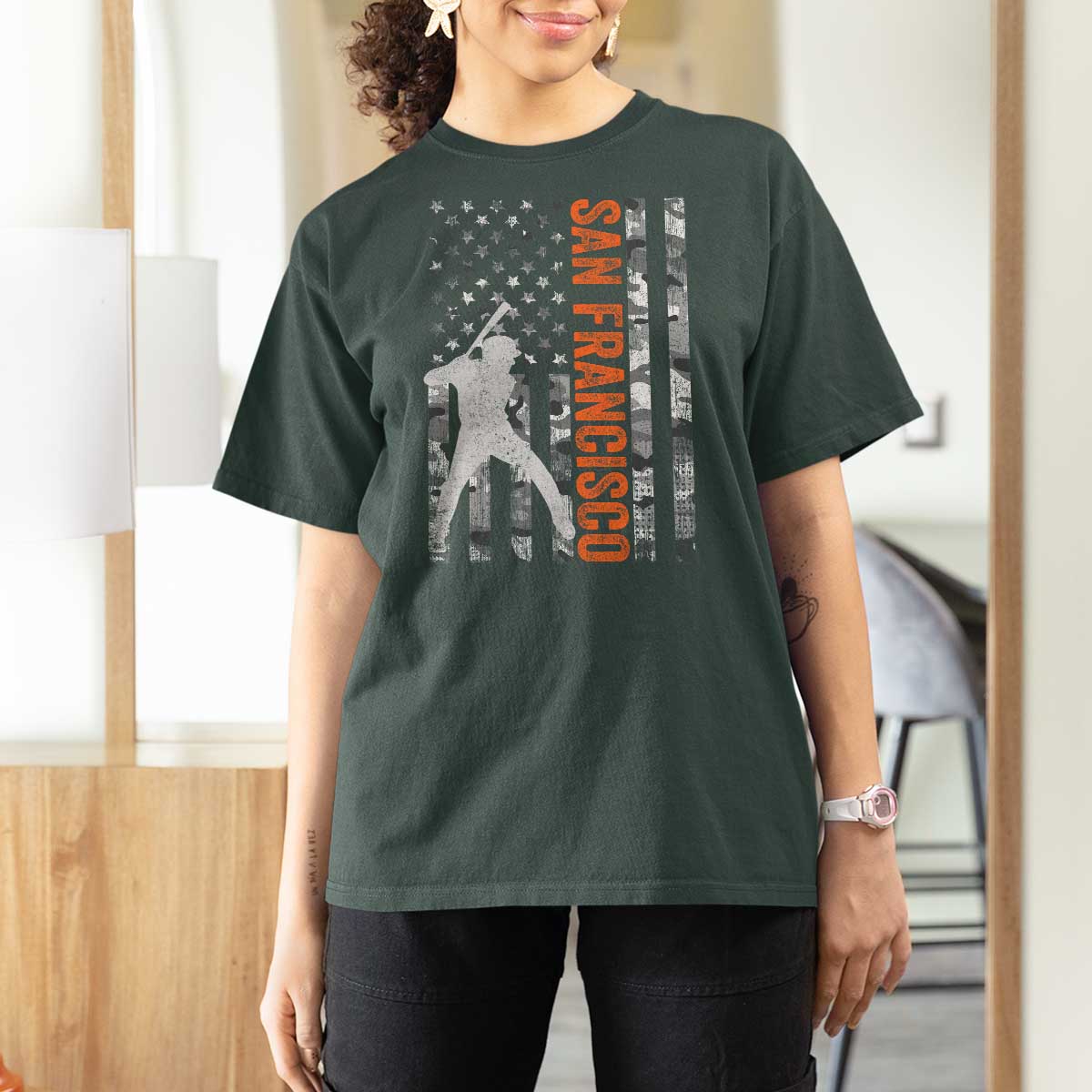 San Francisco T Shirt For Women SF Baseball Player American Flag USA Camo Patriotic