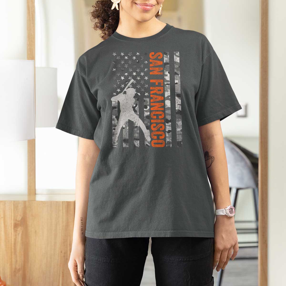San Francisco T Shirt For Women SF Baseball Player American Flag USA Camo Patriotic