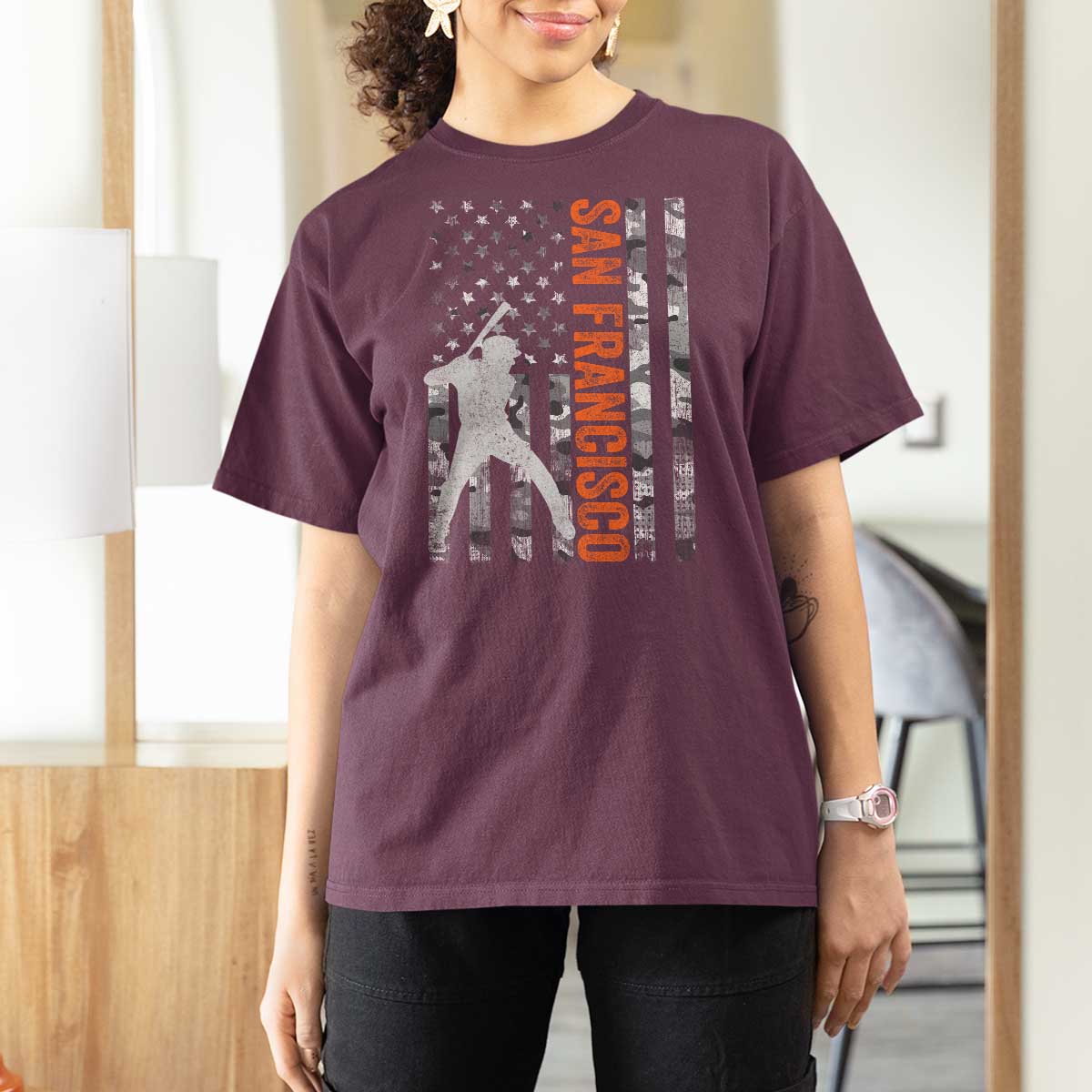 San Francisco T Shirt For Women SF Baseball Player American Flag USA Camo Patriotic