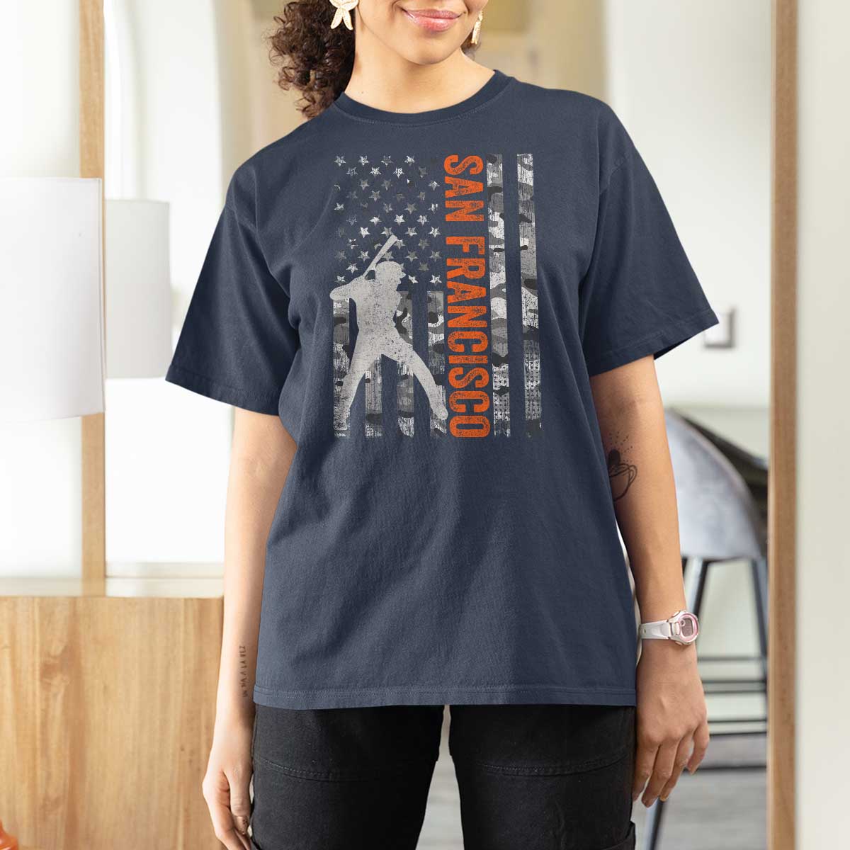 San Francisco T Shirt For Women SF Baseball Player American Flag USA Camo Patriotic