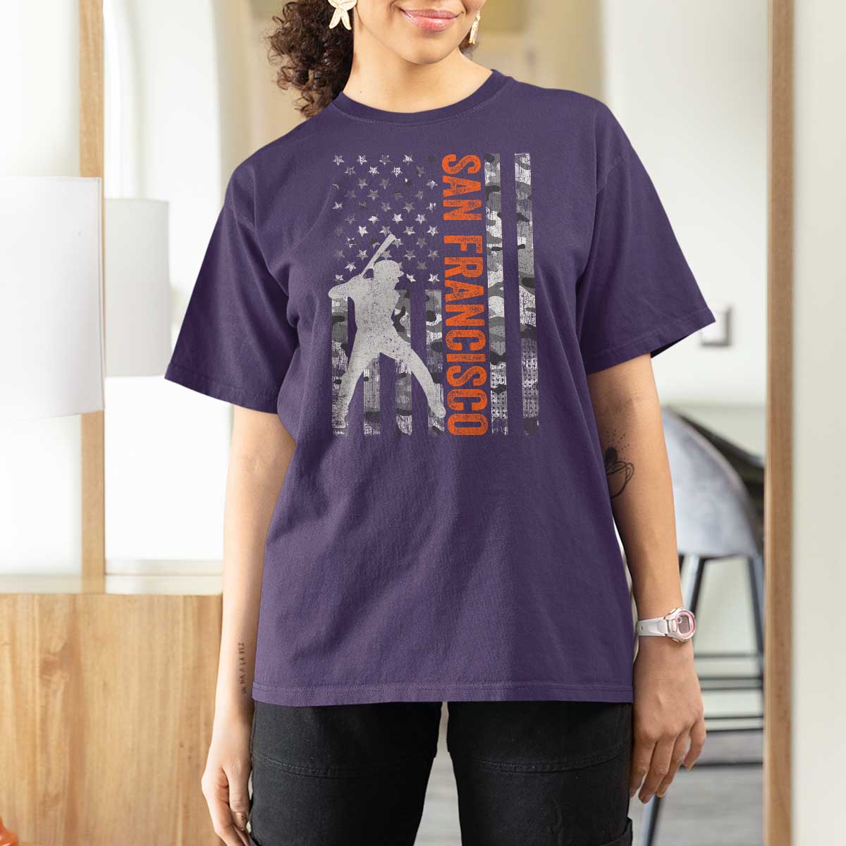 San Francisco T Shirt For Women SF Baseball Player American Flag USA Camo Patriotic