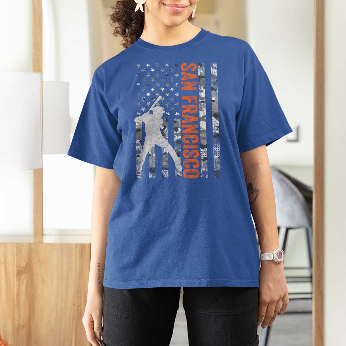 San Francisco T Shirt For Women SF Baseball Player American Flag USA Camo Patriotic