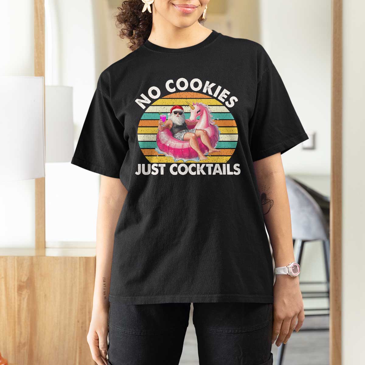 Santa Christmas In July T Shirt For Women No Cookies Just Cocktails Flamingo Summer Beach Hawaii - Wonder Print Shop