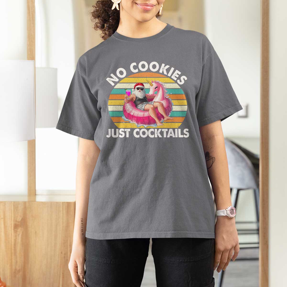Santa Christmas In July T Shirt For Women No Cookies Just Cocktails Flamingo Summer Beach Hawaii - Wonder Print Shop