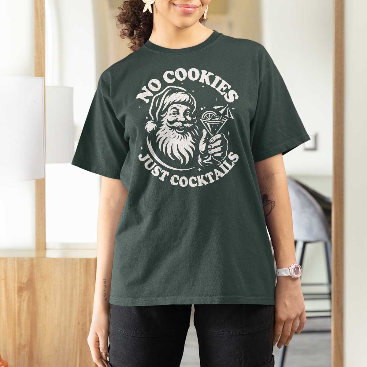 Funny Santa Christmas In July T Shirt For Women No Cookies Just Cocktails Summer Xmas - Wonder Print Shop